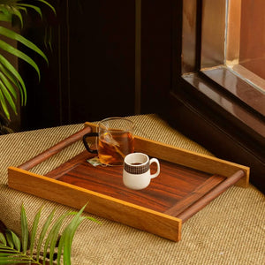 Hutson Handcrafted Serving Tray with Cylindrical Handles – Sheesham & Mango Wood – 14 x 9.5 inches | Dual-Tone Rustic Wooden Tray